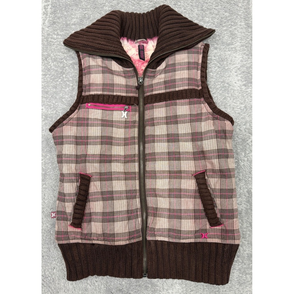 Vintage Hurley Vest Womens L Brown Pink Plaid Faux Fur Lined Full Zip Y2K 2000s